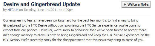 HTC UK: Desire blir utan officiell Gingerbread-uppdatering, tillverkaren säger tillräckligt minne saknas