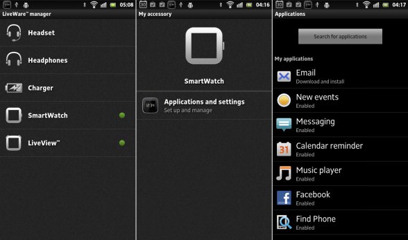 Sony LiveWare manager with SmartWatch