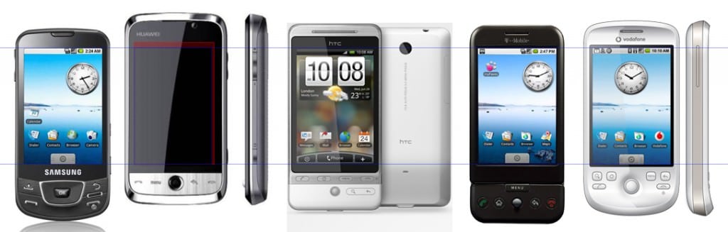 Storleksjämförelse - Från vänster till höger: Samsung Galaxy - Huawei U8230 - HTC Hero - HTC Dream - HTC Magic. Stort tack till Mattias som tog fram bilden åt oss!