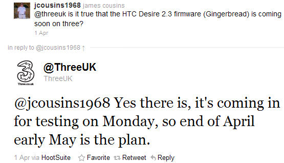 Enligt Three UK beräknas HTC Desire uppdateras till Gingerbread i slutet av april/början av maj [Rykten]